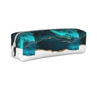 Tcoay Pencil Case Portable Cylindrical Pencil Pouch with Zipper Leather Cosmetic Pouch Bag,Modern Stylish Teal Gold Agate On White