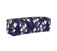Tcoay Pencil Case Portable Cylindrical Pencil Pouch with Zipper Leather Cosmetic Pouch Bag,Navy Blue Magnolia Flowers