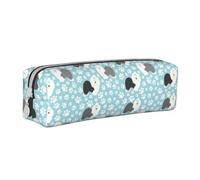 Tcoay Pencil Case Portable Cylindrical Pencil Pouch with Zipper Leather Cosmetic Pouch Bag,Old English Sheepdog Background with Hand Drawn Paws Cute Cartoon