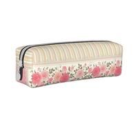 Tcoay Pencil Case Portable Cylindrical Pencil Pouch with Zipper Leather Cosmetic Pouch Bag,Pink Floral Polka Dots Neutral Striped Combo Vintage Shabby Chic Flower Lace Pattern
