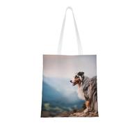 Tcoay Reusable Shopping Bag,Grocery Handbag, Multipurpose Canvas Shoulder Bag,Australian Shepherd Mountains Aussie Pets Dogs