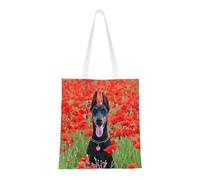 Tcoay Reusable Shopping Bag,Grocery Handbag, Multipurpose Canvas Shoulder Bag,Doberman Pinscher In The Flower
