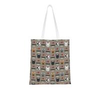 Tcoay Reusable Shopping Bag,Grocery Handbag, Multipurpose Canvas Shoulder Bag,Frenchie Dog I Love French Bulldogs Frenchie Face Medium Brown