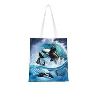Tcoay Reusable Shopping Bag,Grocery Handbag, Multipurpose Canvas Shoulder Bag,Orca Killer Whales Wave