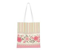 Tcoay Reusable Shopping Bag,Grocery Handbag, Multipurpose Canvas Shoulder Bag,Pink Floral Polka Dots Neutral Striped Combo Vintage Shabby Chic Flower Lace Pattern