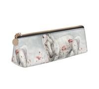 Tcoay White Horse Surrounded By Flowers, Pencil Case Portable Triangle Pencil Pouch with Zipper PVC Leather Cosmetic Bag for Teens Adults