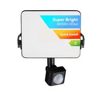 TCP 20W LED Security Floodlight w PIR Sensor, Outdoor, Bright 3200lm, Cool White 4000K, IP44 Waterproof, Easy Install Long Adjustable Bracket, Easy Push Connector, Enery Class C, No Plug Garage Garden