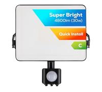 TCP 30W LED Security Floodlight w PIR Sensor, Outdoor, Bright 4800lm, Cool White 4000K, IP44 Waterproof, Easy Install Long Adjustable Bracket, Easy Push Connector, Enery Class C, No Plug Garage Garden