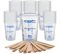 TCP Global 10 Ounce (300ml) Disposable Flexible Clear Graduated Plastic Mixing Cups - Box of 50 Cups & 50 Mixing Sticks - Use for Paint, Resin, Epoxy, Art, Kitchen - Measuring Ratios 2-1, 3-1, 4-1, ML
