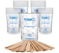 TCP Global 20 Ounce (600ml) Disposable Flexible Clear Graduated Plastic Mixing Cups - Box of 25 Cups & 25 Mixing Sticks - Use for Paint, Resin, Epoxy, Art, Kitchen - Measuring Ratios 2-1, 3-1, 4-1, ML