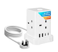 TCP Tower Extension Lead 2M (13A 250V~, Max 3250W), with 2 USB Ports and 2 x 12W USB-C Fast Charger, Compact 4 Way Extension Tower with On/Off Switch, Space-Saving Extension Lead for Home, Office.