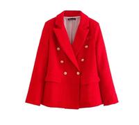 TCSEREINLO Women's Tweed Jacket Plaid Blazer, Long Sleeve Elegant Work Open Front Double Breasted Jackets, Red Lightweight Blazer(L)