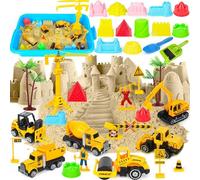 TCVENTS Sensory Bin, Diecast Construction Trucks Play Sand Art Kits with 2.2lbs Magic Sand, Molds, Shovel, 6Pcs Construction Vehicles, Crane- Great Sensory Sandbox Toys for Kids Toddlers Age 3-8