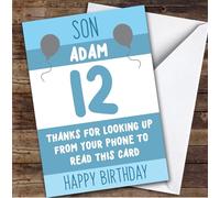 TCZ Birthday Card Personalised 12th Son Looking Up From Phone Blue Balloons Custom Card Personalised Cards, For Son, For Him, Birthday, 12th