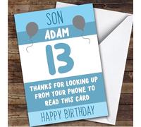 TCZ Birthday Card Personalised 13th Son Looking Up From Phone Blue Balloons Custom Card Personalised Cards, For Son, For Teenagers, Him, Milestone Birthdays, Birthday, 13th