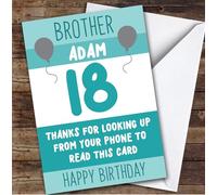 TCZ Birthday Card Personalised 18th Brother Looking Up From Phone Green Balloons Custom Card Personalised Cards, For Brother, For Him, Teenagers, Milestone Birthdays, Birthday, 18th
