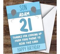 TCZ Birthday Card Personalised 21st Son Looking Up From Phone Blue Balloons Custom Card Personalised Cards, For Son, For Him, Milestone Birthdays, Birthday, 21st