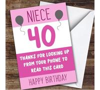 TCZ Birthday Card Personalised 40th Niece Looking Up From Phone Pink Balloons Custom Card Personalised Cards, For Niece, For Her, Milestone Birthdays, Birthday, 40th