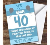TCZ Birthday Card Personalised 40th Son Looking Up From Phone Blue Balloons Custom Card Personalised Cards, For Son, For Him, Milestone Birthdays, Birthday, 40th