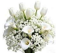 TDCuizent 32-Stem Artificial White Flower Bouquet with Real-Touch Tulips Calla Lilies & Baby's Breath UV-Resistant Plastic Stems for Grave Memorials Weddings Home Decor 35cm