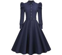 TDEOK 2023 European and American Women's Autumn and Winter Retro Dress with Long Sleeves and Belt Tulle Dress Women, navy, XL