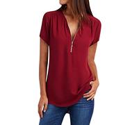 TDEOK Chiffon Blouses for Women Short Sleeve Tops Summer Elegant Large Sizes Blouse Sexy V-Neck with Zip Chiffon Blouses Lightweight Summer Top 3/4 Sleeve Blouse Shirt Blouse Long Shirt, Wine Red, M
