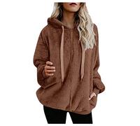 TDEOK Ladies Thickened Overcoat Plus Size Solid Color Winter Long Sleeve Faux -Fuzzy Hoodie Outwear Coat with Zipper Womens Workout Jacket (Khaki, XXXXL)