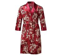 TDEOK Men's Bathrobe Light: Dressing Gown Men's Long Lightweight Summer V Neck Bathrobe Silk Dressing Gown Lightweight Kimono Long House Coat Satin Robe Loungewear Printed Pyjama Set, Wine Red, L
