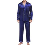 TDEOK Men's Satin Pyjama Set: Men's Two-Piece Silk Sleepwear Set Long Sleeve Button Down Blouse + Pyjama Bottoms Leisure Suit Winter Soft Leisure Suit Elegant Sleepwear Loungewear, blue, L