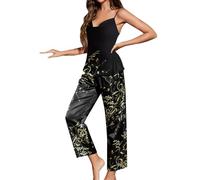 TDEOK Satin Pyjamas Women's Silk Pyjamas Women's Short and Long Two Piece Pyjama Sets Elegant V-Neck Sleepwear Cami Vest Top Long Trousers Sexy Sleepwear Print Pyjamas Silk Pyjamas, black, XL
