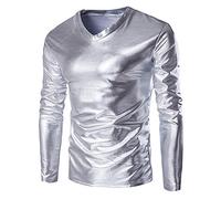 TDEOK Shirt 70s Men's Glitter Shirt 80s Men's Disco Long Sleeve Party Costume Sequin Outfit Sequin Shirt Stand-Up Collar V Neck Sexy Button Placket Shirts Gold Black Silver, silver, XXXXXL