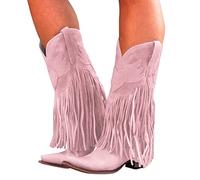 TDEOK Vintage Wide Boots Women, Knee-High Retro Boots with Fringes, Western Riding Boots, Casual Western Cowgirl Boots, Cowboy Boots for Women, Large Size Long Shaft Riding Boots Women 37-42, pink,