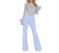 TDEOK Women Feather Trim Jumpsuit Feather Trim Jumpsuit Party Elegant Jumpsuits Winter Pants Women, blue, L
