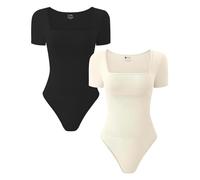 TDIFFUN Womens Shapewear Bodysuits Tummy Control Short Sleeve Seamless Ribbed Square Neck Body Shaper Jumpsuit Thong, Black+cream, Medium