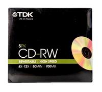 TDK CD-RW 80 - 5 PACK - 4x 12x - 80MIN / 700MB Rewritable Blank CDRW Discs - NEW
