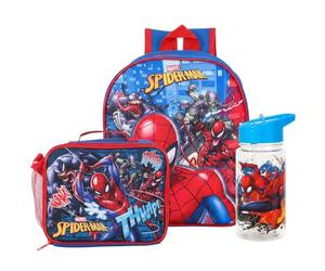 TDL Spiderman Backpack, Insulated Lunch Bag and Water Bottle Bundle for Kids - 3-Piece School Set Featuring Spider-Man, Venom, and Carnage - Blue & Red - Ideal for Toddlers and Pre Schoolers