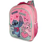 TDL Stitch & Angel Backpack for Girls 37cm - Official Lilo & Stitch School Bag - Pink Kids Rucksack with Front Zip Pocket & Mesh Side - Adjustable Straps