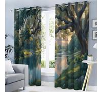 TDNEKMCA Blackout Thermal Curtains for Living Room 52 x 54 Inch River Landscape Eyelet Curtains for Bedroom Green Trees Light Blocking Energy Saving Window Curtain Drapes 2 Panels