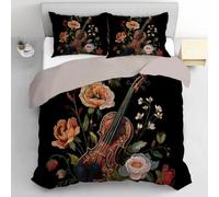 TDNEKMCA Duvet Cover Orange Green Bedding Set Violin Embroidery Style Duvet Cover Pillowcase with Zipper Closure for Kids Girls Teens Adults (Super King Size 260x220cm)