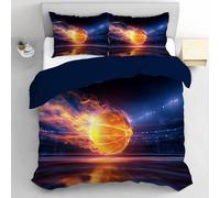 TDNEKMCA Flame Basketball Printed Bedding Set Double 3 Pieces Cartoon Duvet Cover Sets Microfiber Quilt Cover 200x200cm with Zipper Closure and 2 Pillowcases 50x75cm(Orange)