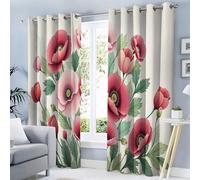 TDNEKMCA Red Poppy Curtains Eyelet Soft Thermal Insulated Blackout Curtains Watercolor Floral Print Pattern Ring Top Window Drapes for Bedroom Living Room 52 x 54 Inch Drop 2 Panels