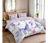 TDNEKMCA Watercolor Butterfly Duvet Cover Set Single Bed Wildflowers Print Bedding Set Reversible Microfiber Botanical Quilt Cover 135x200cm with Zipper Closure and 1 Pillowcase 50x75 cm,Light Purple