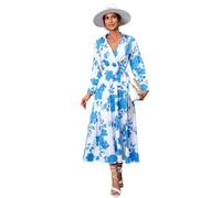 TDNEKMCA Women's Summer Floral Dress - Sexy V-Neck Lace Up Pleated Pullover Long-Sleeved Skirt,Ladies Daily Vacation Wedding Party Casual Elegant Blue Dress,Blue,L