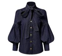 Tdvcpmkk Women's Bow Tie Design Imitation Denim Puff Sleeve Shirt Spring and Autumn High Collar Fashion Shirt Tops