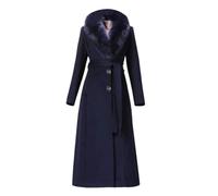 Tdvcpmkk Women's Removable Fur Collar Single Breasted Belt Navy Wool Coat