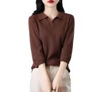 Tdvcpmkk Women's Short Sleeve Sweater Cotton Polo Collar Vertical Striped Pullover Three-Quarter Sleeve Lightweight Summer Sweater Coffee