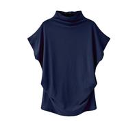 TdvcpmkkWomen's Summer High Neck Bat Wing Sleeve Cotton Large Size T-Shirt Navy Blue