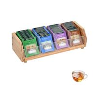 Tea Bag Holder Organizer 4 Compartment Solid Wood Tea Box with Acrylic Dividers to Organize and Store Tea Bag for Countertop, Cabinet, Drawer (Light)