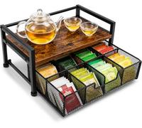 Tea Bag Organiser with Drawer, 2 Tier Solid Wood Tea Station for Countertop, 8 Compartment Coffee Pod Storage Chest, Kitchen Counter Tea Caddy Holder for Tea Bags Coffee Capsules