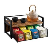 Tea Bag Organizer - 2 Tier Coffee Station Organizer with Storage Drawer, Wooden Tea Organiser and Storage Chest, Coffee Bar and Spice Rack Shelf for Office, Kitchen Countertop, Rustic Brown